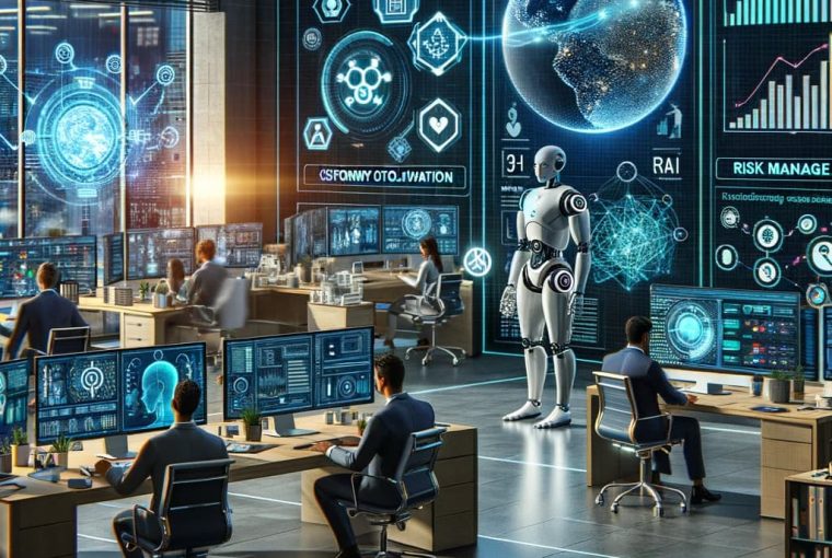 DALL·E 2023-11-16 15.34.28 - A futuristic office scene, blending elements of automation and technology. Include a humanoid robot working alongside a diverse group of professionals