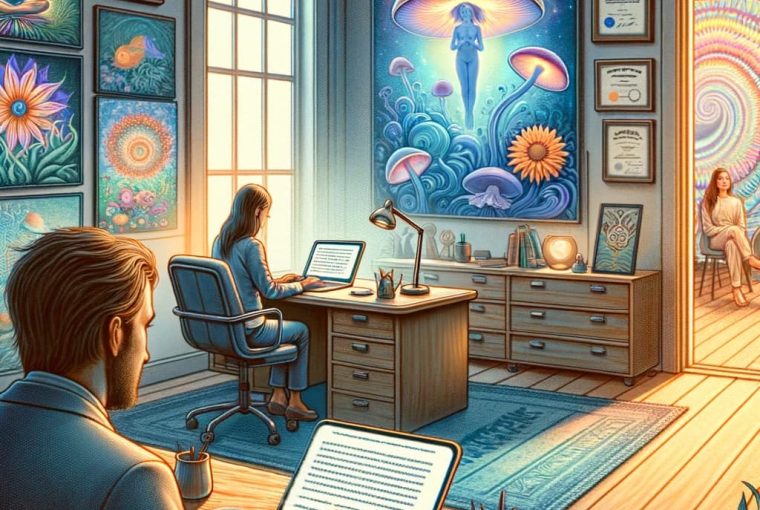 DALL·E 2023-11-17 16.02.24 - An artistic representation of the value of copywriting in the context of psychedelic medicine. Visualize an inviting and serene office space for a psy
