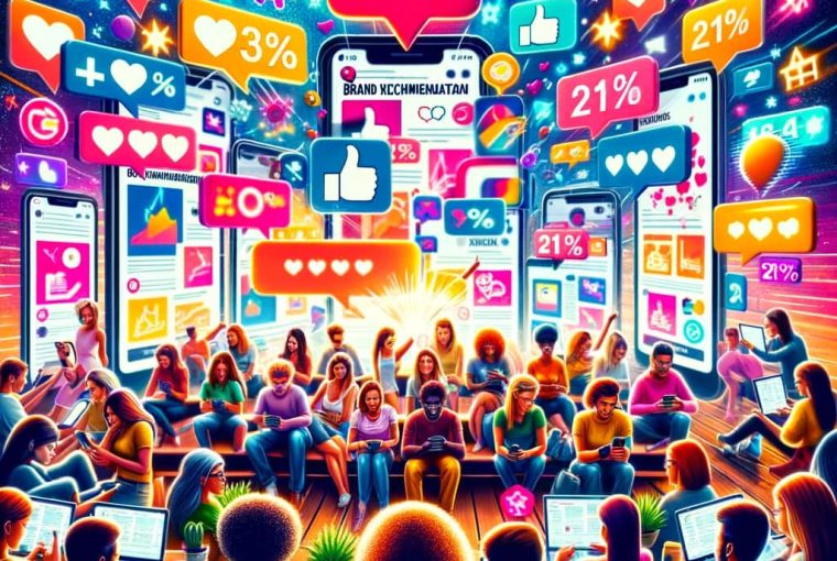 DALL·E 2023-11-17 16.10.00 - A vibrant depiction of the impact of social media on brand recommendation and consumer engagement. Imagine a bustling social media scene with various